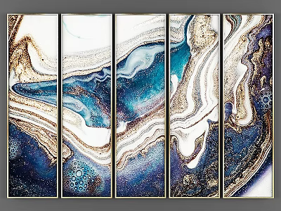 Modern Five Panel Picture Frames with Abstract Blue White Gold Marble Texture 3d model
