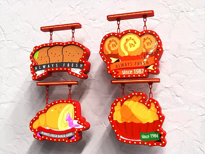 Public Facilities With Red Hanging Signs Displaying Fresh Bread Cookies Croissant And Muffin 3d model