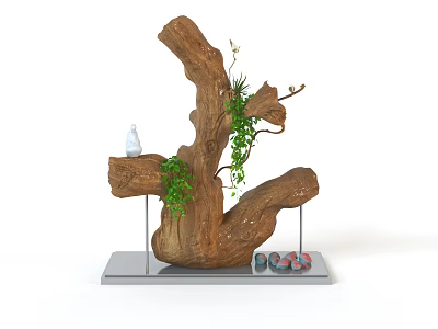 Wooden Root Decorative Ornament Set With Green Plants White Bottle Colorful Items And Gray Base 3d model