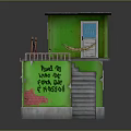 Two Story Green Building With Gray Roof Balcony Clothes Hanging Hammock And Grilled Windows