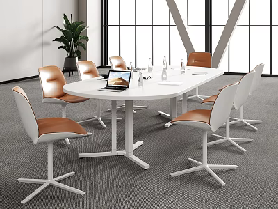 White Conference Table With Brown Leather Chairs Laptop And Glasses In Bright Office With Windows 3d model