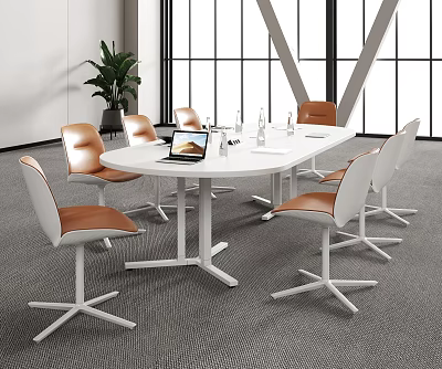 White Conference Table With Brown Leather Chairs Laptop And Glasses In Bright Office With Windows 3d model