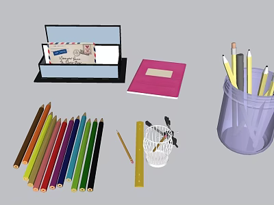 Desk Stationery Collection Featuring Colored Pencils Notebook Envelope Box And Pencil Holder 3d model
