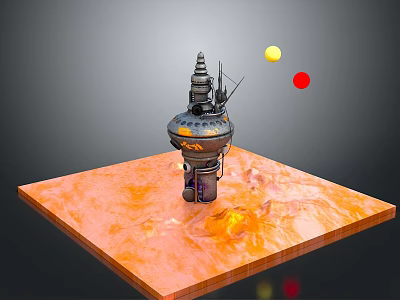 Futuristic Sci Fi Tower With Orange Lava Like Ground And Red Yellow Spheres 3d model