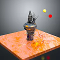Futuristic Sci Fi Tower With Orange Lava Like Ground And Red Yellow Spheres