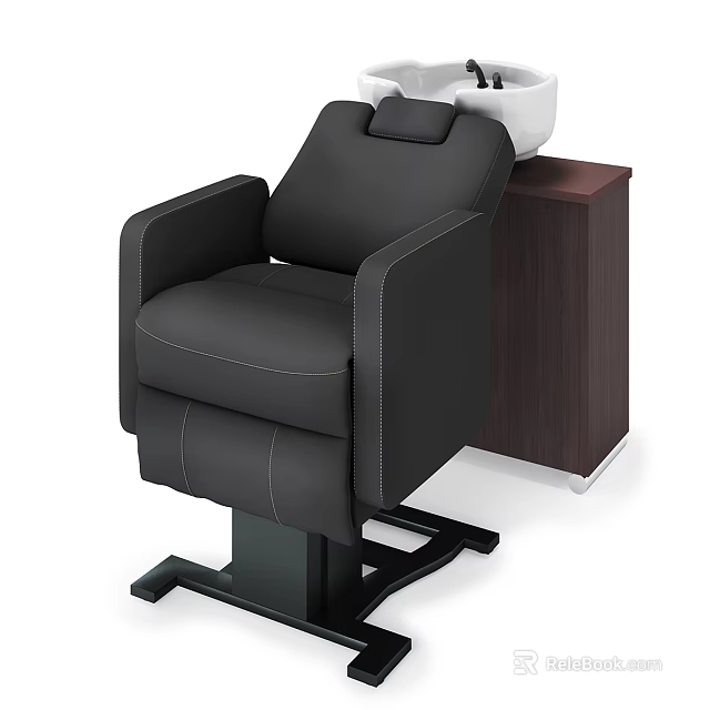 Black Leather Single Sofa With White Headrest And Dark Wooden Side Cabinet 3d model 