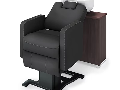 Black Leather Single Sofa With White Headrest And Dark Wooden Side Cabinet 3d model