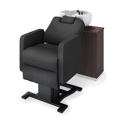 Black Leather Single Sofa With White Headrest And Dark Wooden Side Cabinet 3d model