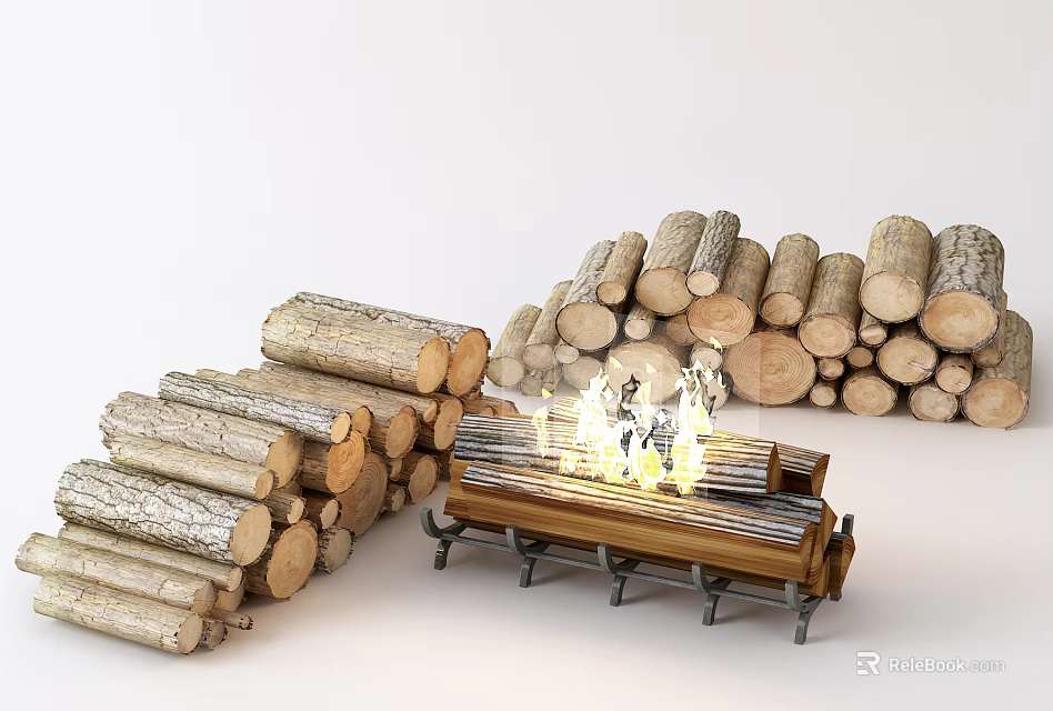 Rustic Garden Decorative Pieces With Stacked Wooden Logs And Burning Fire Pit 3d model 