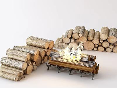 Rustic Garden Decorative Pieces With Stacked Wooden Logs And Burning Fire Pit 3d model