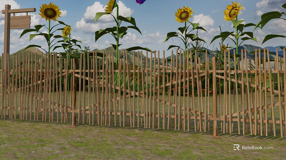 Wooden Fence Surrounded by Sunflowers with Mountain View and Blue Sky 3d model 