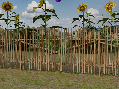 Wooden Fence Surrounded by Sunflowers with Mountain View and Blue Sky 3d model