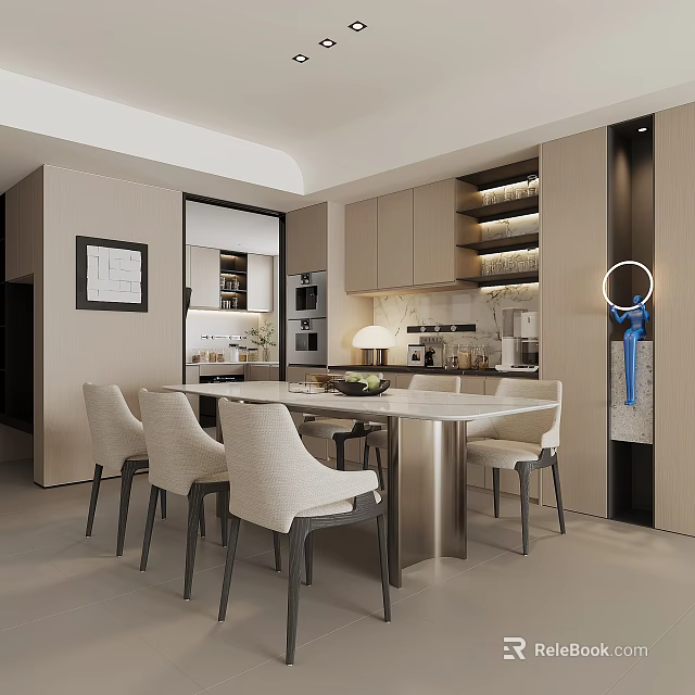 Modern Restaurant Interior With Dining Table Chairs Open Layout And Stylish Lighting Elements 3d model