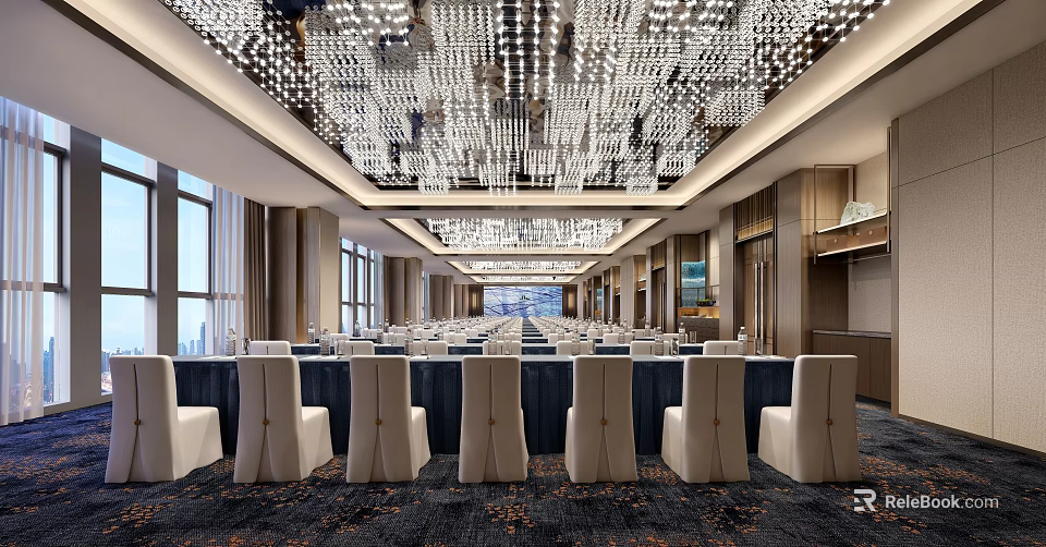 Grand Banquet Hall Spacious Interior With Large Chandeliers Blue Tablecloths Chairs Windows And Decorative Carpet 3d model 