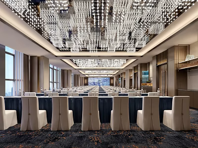 Grand Banquet Hall Spacious Interior With Large Chandeliers Blue Tablecloths Chairs Windows And Decorative Carpet 3d model