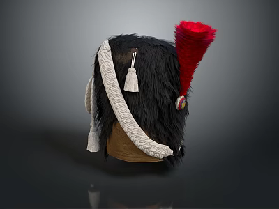 Traditional Hat with Black Fur Red Feather White Sash and Tassel Decoration 3d model