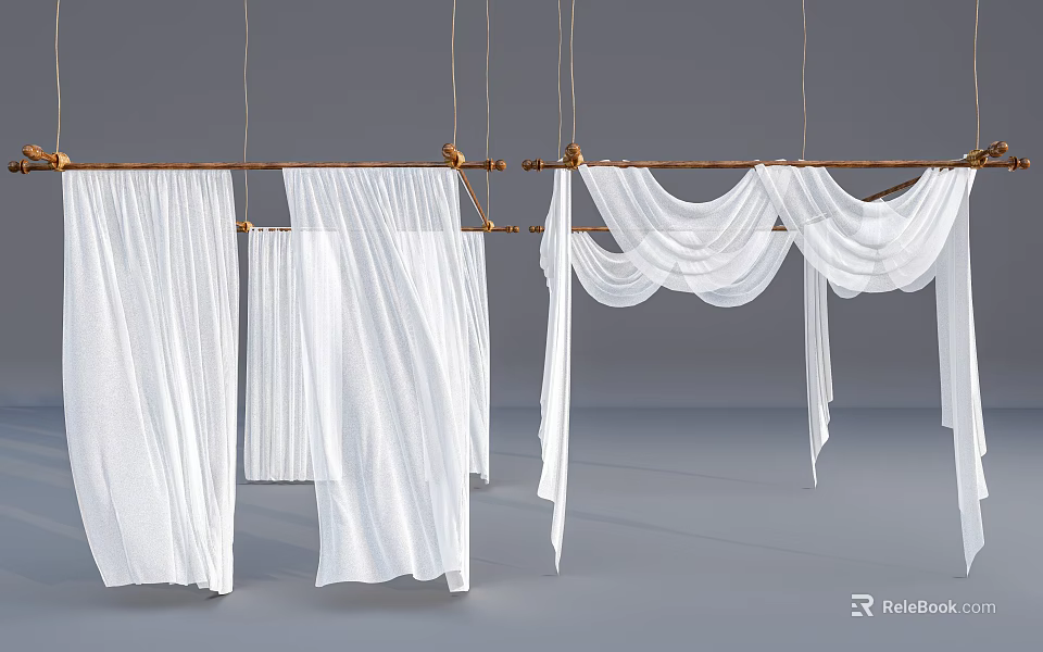 Elegant White Sheer Ceiling Drapery Hanging With Wooden Rods And Decorative Folds 3d model 