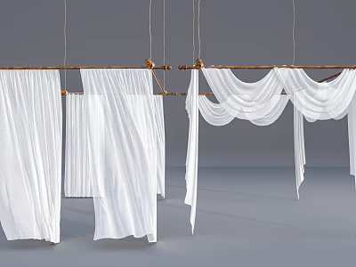 Elegant White Sheer Ceiling Drapery Hanging With Wooden Rods And Decorative Folds 3d model
