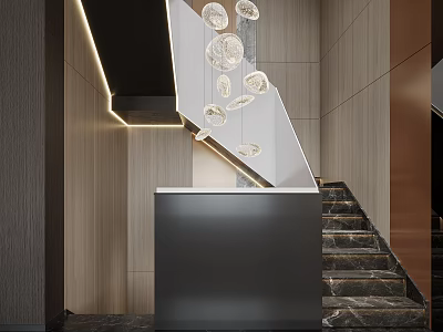 Modern Elegant Lobby Entrance With Marble Staircase Reception Desk And Spherical Pendant Lights 3d model