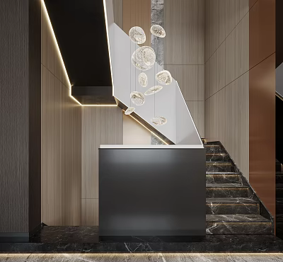 Modern Elegant Lobby Entrance With Marble Staircase Reception Desk And Spherical Pendant Lights 3d model