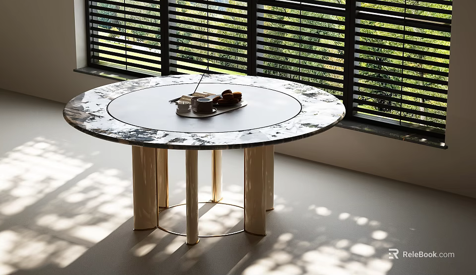 Round Marble Top Dining Table with Gold Legs Tray Cups and Sunlight 3d model 