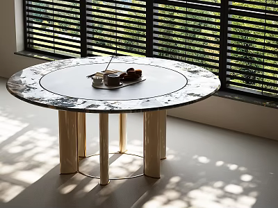 Round Marble Top Dining Table with Gold Legs Tray Cups and Sunlight 3d model