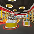 Specialty Store Interior with Red and Yellow Decor Shelves Filled with Products and Seating Area