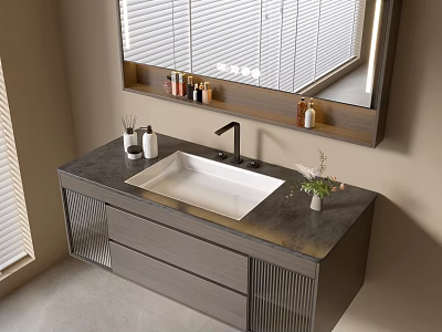 Modern Bathroom Vanity with Gray Countertop White Sink Black Faucet Mirror Storage Drawers and Plant 3d model