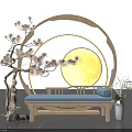 Chinese Style Photo Spot With Circular Moon Decor Pine Tree And Blue Bench