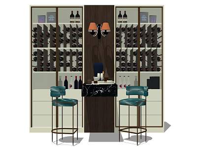 Modern Wine Cabinet Design With Glass Doors Wine Bottles Glasses Bar Counter And Green Stools 3d model