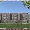 Modern Townhouse Exterior With Large Glass Windows Wooden Accents And Green Lawn Area