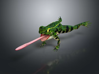 Green Frog With Black Spots Sticking Out Tongue On Gray Smooth Background 3d model