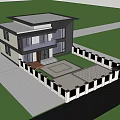 Modern Two Story Detached Villa Exterior With Black White Facade Large Glass Windows And Greenery
