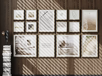 Photo Wall With Various Frames And Art Photos On Wooden Wall Interior Design 3d model