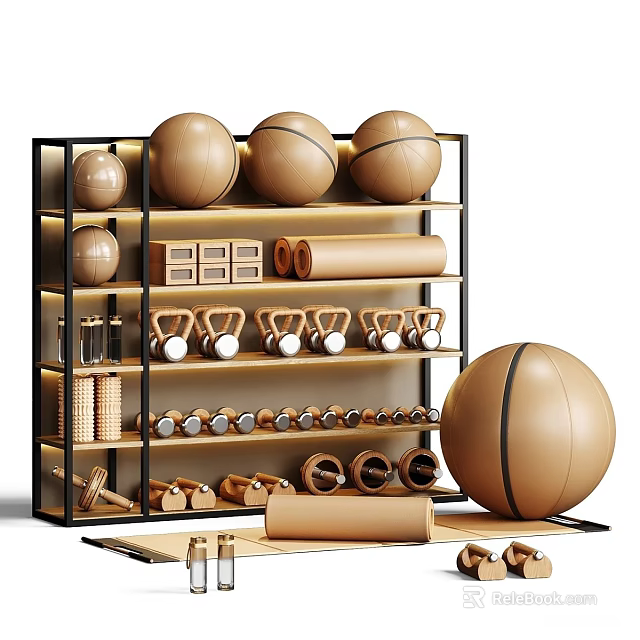 Organized Sports Equipment Shelving With Basketballs Dumbbells Yoga Mats And Kettlebells 3d model 