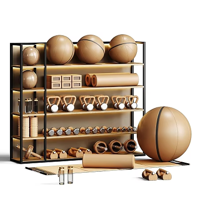 Organized Sports Equipment Shelving With Basketballs Dumbbells Yoga Mats And Kettlebells 3d model