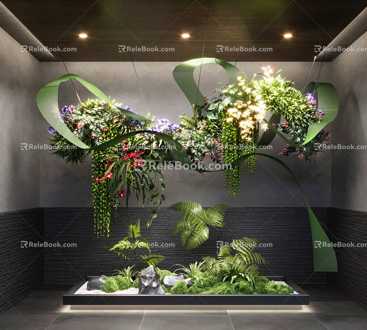 Indoor Landscaping Hanging Plant Heap Vine Plant Stone Moss Fern 3d model