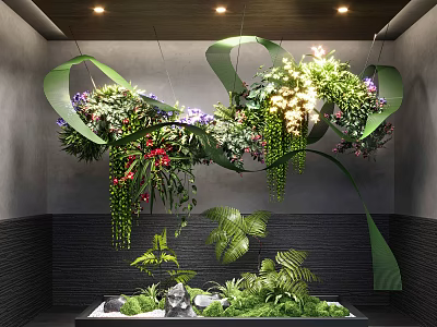 Indoor Garden Decor with Large Wall Green Vines Hanging Plants Lower Planter and Small Greenery 3d model