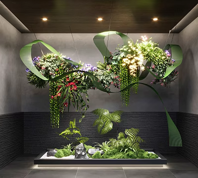 Indoor Garden Decor with Large Wall Green Vines Hanging Plants Lower Planter and Small Greenery 3d model
