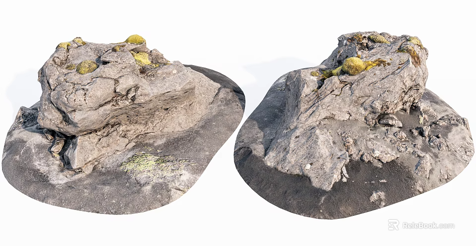 Natural Stone and Wood Elements with Mossy Texture and Rough Surface Design 3d model