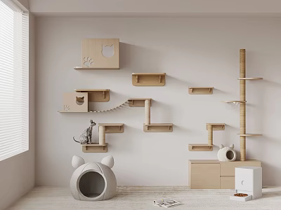 Modern Wooden Wall Mounted Display Shelves For Cat Supplies In Pet Room 3d model