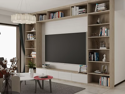 Modern Wooden TV Wall Unit With Built in Bookshelves And Decorative Items 3d model