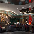 Modern Bar Interior With Red Decorative Sculpture Blue Ceiling Decorations Comfortable Seating And Ambient Lighting