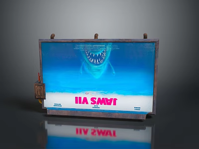 Vintage Computer Monitor Display With Wooden Frame Shark Image And JAWS Text 3d model