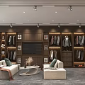 Elegant Modern Clothing Store Interior With Wooden Display Racks Sofas And Warm Lighting