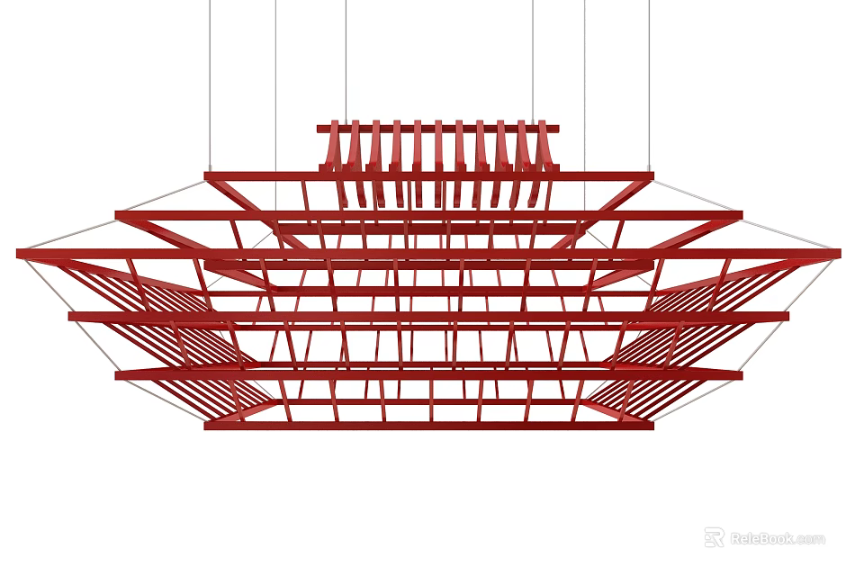 Modern Red Ceiling Design With Layered Grid Structure And Artistic Suspended Elements 3d model