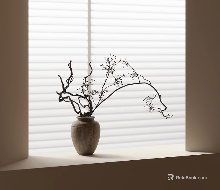Wooden Vase With Branches And Small Blooms On Window Sill By Blinds In Natural Light 3d model 