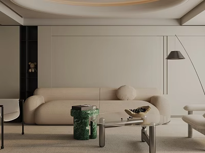Modern Living Room Interior With Beige Sofa Green Decor Glass Coffee Table And Floor Lamp 3d model