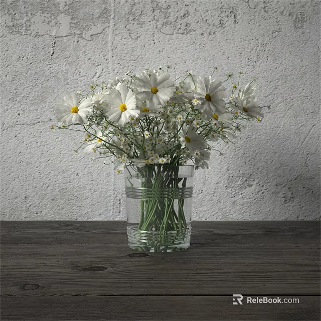 White Daisies in Clear Glass Vase on Wooden Table Against Gray Wall 3d model 