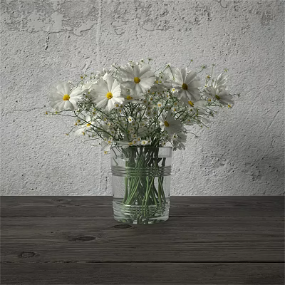 White Daisies in Clear Glass Vase on Wooden Table Against Gray Wall 3d model